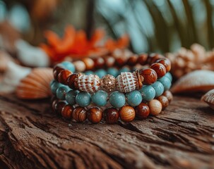 Beaded Bracelets Stack on Wood Surface Close-up