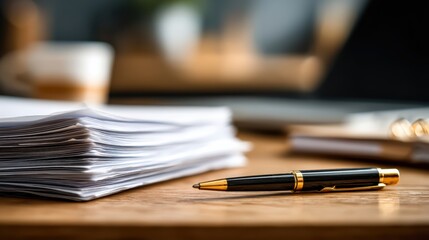Fototapeta premium A stack of documents and a black and gold pen rest on a wooden desk, with a blurred coffee cup and workspace in the background