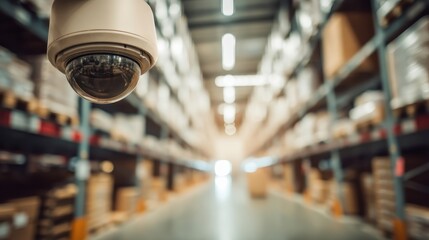 A security camera overlooks a large warehouse with shelves filled with boxes and packages, ensuring surveillance and safety in the storage facility