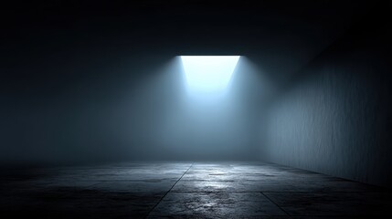 A dark, empty room illuminated by a single beam of light coming from a square opening in the ceiling