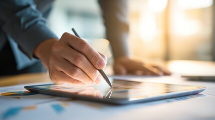 A person uses a stylus to interact with a digital tablet, working on documents in a bright, modern workspace