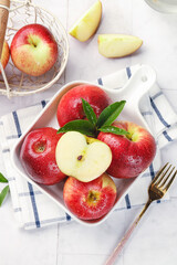 Fresh Red Apples with Dew Drops in Heart Bowl - Healthy Fruit Kitchen Still Life