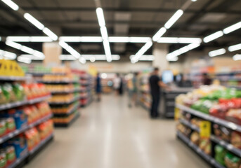 Fototapeta premium Busy grocery store aisle with shoppers browsing shelves, bright modern retail environment.