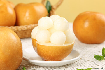 Fresh Asian Pears with Juicy White Flesh in Natural Fruit Bowl Display