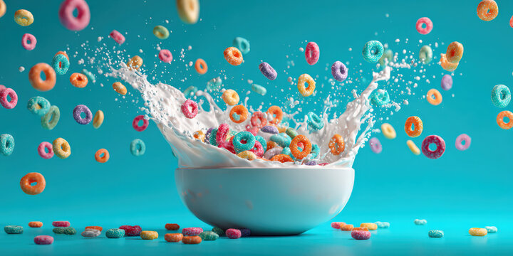 Vibrant splash of colorful cereal rings into bowl of milk creates dynamic and playful scene against bright blue background. motion captures excitement of breakfast
