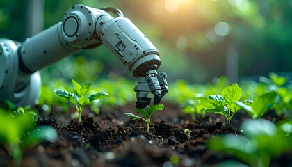 Futuristic robot hand watering young plants in soil, concept of agriculture technology, AI farming, and sustainability