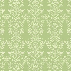 Seamless Pale Green Damask Pattern with Floral Motifs flowers background texture wallpaper fabric design vintage antique repeating