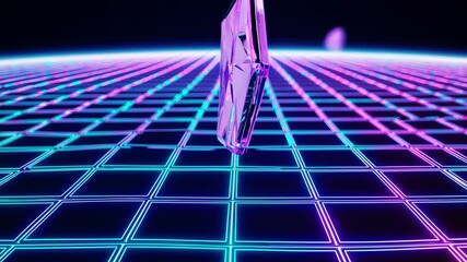 floating crystal amidst neon grid, vibrant retro grid with floating prism effects, synthwaveinspired neon grid featuring floating crystals and colorful reflections - Powered by Adobe