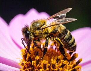 Fototapeta premium Honeybee collecting pollen from the stamen of a pink cosmos flower