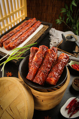 Smoked Sichuan Sausages in Bamboo Steamer - Traditional Chinese Handmade Spicy Farmhouse Cuisine