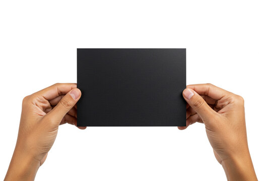 Hands holding blank black card for message or advertisement space, isolated on white