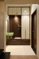 A modern entryway showcasing a sophisticated blend of light beige and rich brown cabinetry, complete with a low bench and decorative plants, creating a welcoming and organized space.