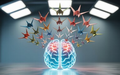 Obraz premium Origami Cranes Emanate From a Luminous Blue and Red Human Brain Symbolizing Creative Thoughts and Ideas
