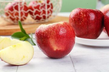 Fresh Red Apples with Dew Droplets on White Wood - Healthy Organic Fruit