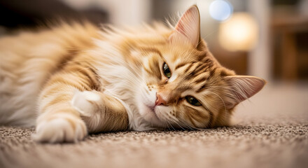 Relaxed Ginger Cat Resting on Carpet