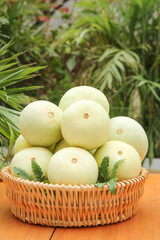 Small White Melons in Wicker Basket on Wooden Table with Tropical Garden Background