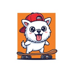 Fototapeta premium Cute white dog wearing a red cap skateboarding on orange background.