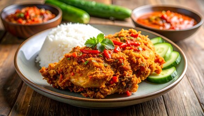 Fototapeta premium Flavorful and crispy fried chicken (Ayam Geprek) with spicy chili sauce, served with fluffy white rice and fresh cucumber slices, a delicious and authentic traditional Asian meal
