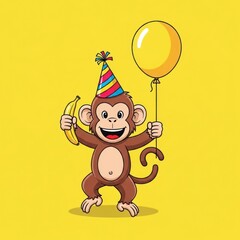 Naklejka premium Happy Monkey Birthday Party with Banana and Balloon.