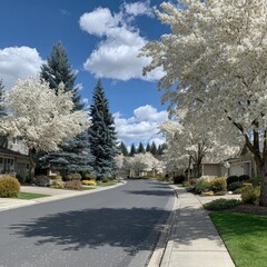 Spring Street View With Blossoms