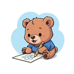 A cute cartoon teddy bear character drawing a flower on paper with a pencil.