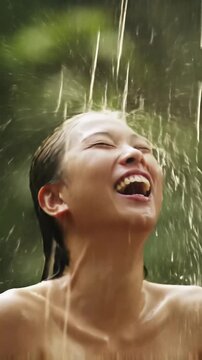 Young woman with bare, glistening shoulders and wet, dark hair laughs ecstatically, embracing rain against a lush, blurred forest with bokeh. Concept of pure joy and freedom