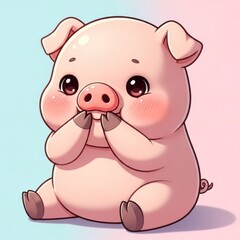 Fototapeta premium Adorable Shy Piglet Cartoon Illustration with Big Eyes and Rosy Cheeks.