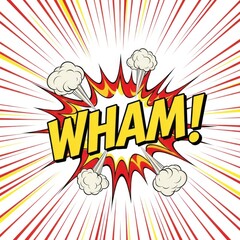 Comic book style WHAM explosion with radial lines and clouds.