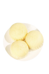 Steamed Handmade Buns with Creamy Filling on White Background