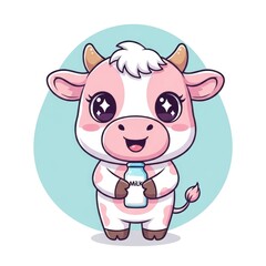 Fototapeta premium Cute cartoon baby cow holding a milk bottle illustration.