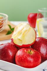 Fresh Red Apples with Morning Dew Drops in Bowl - Healthy Fruit Breakfast