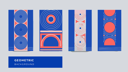 Modern geometric abstract design with circles and arches in blue and coral tones