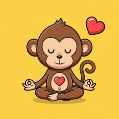 Fototapeta premium Cute Monkey Meditating With Heart Symbol On Yellow Background.