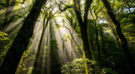 Fototapeta premium Sunbeams Filtering Through Lush Rainforest Canopy: Nature Photography