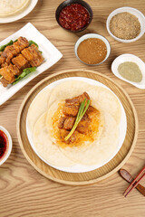 Chinese BBQ Pork Belly Pancakes with Spices and Sauces Traditional Asian Cuisine