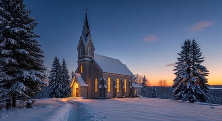 Peaceful Winter Church Glowing Warmly Under Starry Blue Hour Sky, Snowy Pines & Golden Horizon