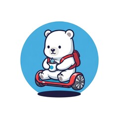 Fototapeta premium Cute polar bear riding a hoverboard with a backpack and coffee.