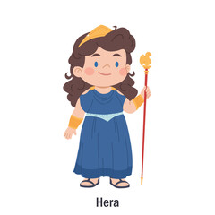 Ancient Greek goddess Hera. Olympian goddess of marriage character. Cartoon character of classical mythology. Deity with a scepter with a cuckoo and a diadem.