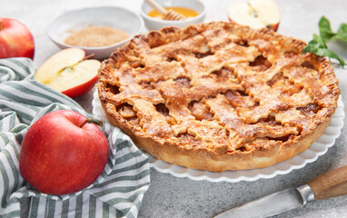 Freshly baked apple pie with honey and brown sugar