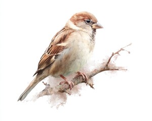 Watercolor Sparrow. Field Sparrow Bird on Tree Branch in Nature Drawing