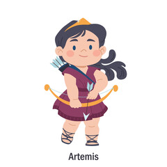 Ancient Greek goddess Artemis. Olympian goddess of hunting, chastity and the moon. Cute child character of classical mythology. Deity with bow and arrow