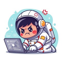 Angry Astronaut Working on Laptop in Space.