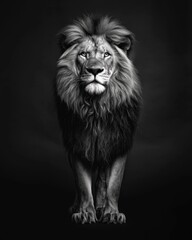 Majestic male lion in black studio lighting, monochrome wildlife photography