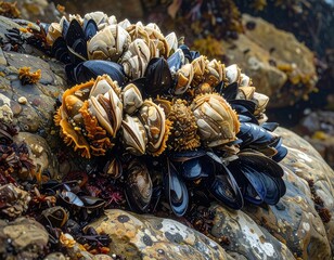 Intricate coastal ecosystem of mussels and barnacles clinging to a rock