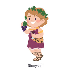 Ancient Greek god Dionysus. Character of the Olympic god of winemaking. Deity with grapes, a cup of wine and a wreath of leaves. Cartoon character of pagan religion, European mythology