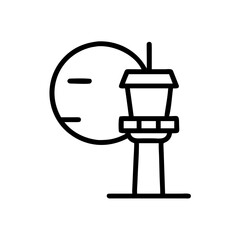 Obraz premium Airport control tower outline logo. Illustrating a control tower next to a plane silhouette with line art