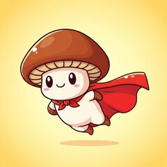 Cute Flying Mushroom Superhero Character with Red Cape and Scarf.