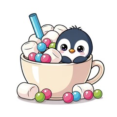 Adorable Penguin in Hot Chocolate with Marshmallows and Candies.