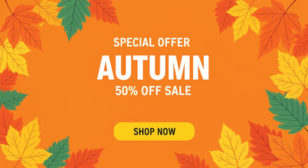 Adobe illustrator artwork vector illustration of a vibrant autumn sale banner with falling leaves and a "50% Off Sale" message. Ideal for seasonal promotions and special offers