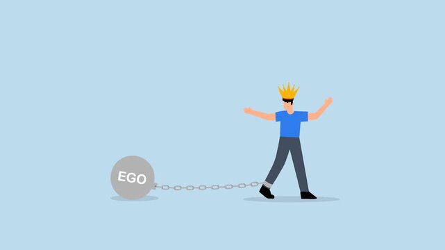 Ego burden, businessman carries the heavy burden of ego while wearing a king's crown and chain
